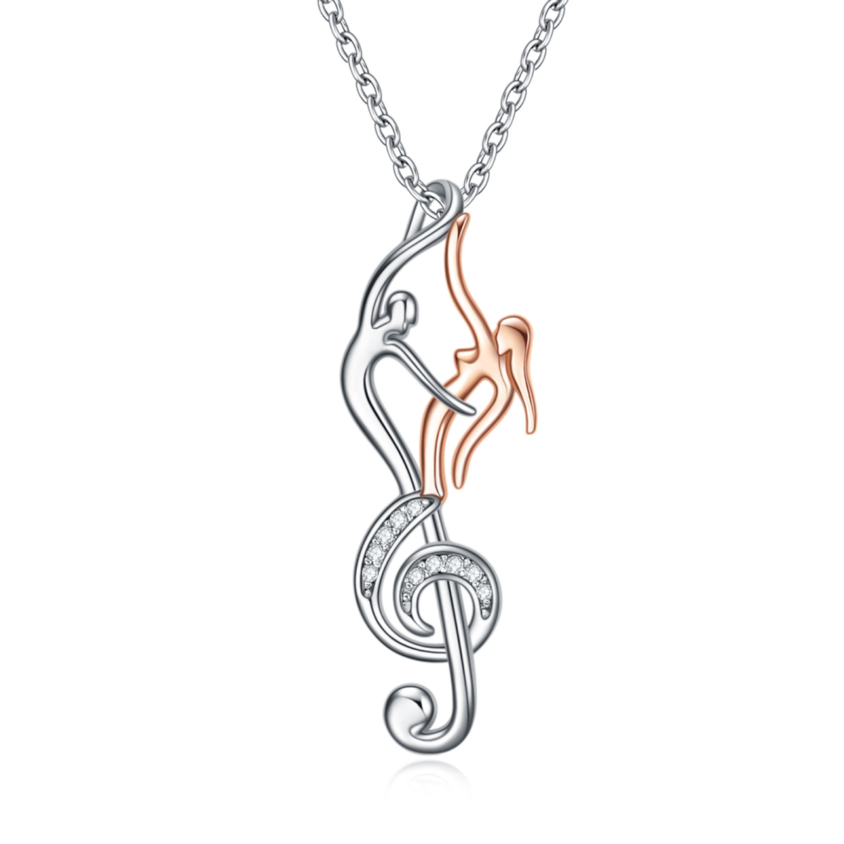 Sterling Silver Two-tone Cubic Zirconia Music Symbol Pendant Necklace-1