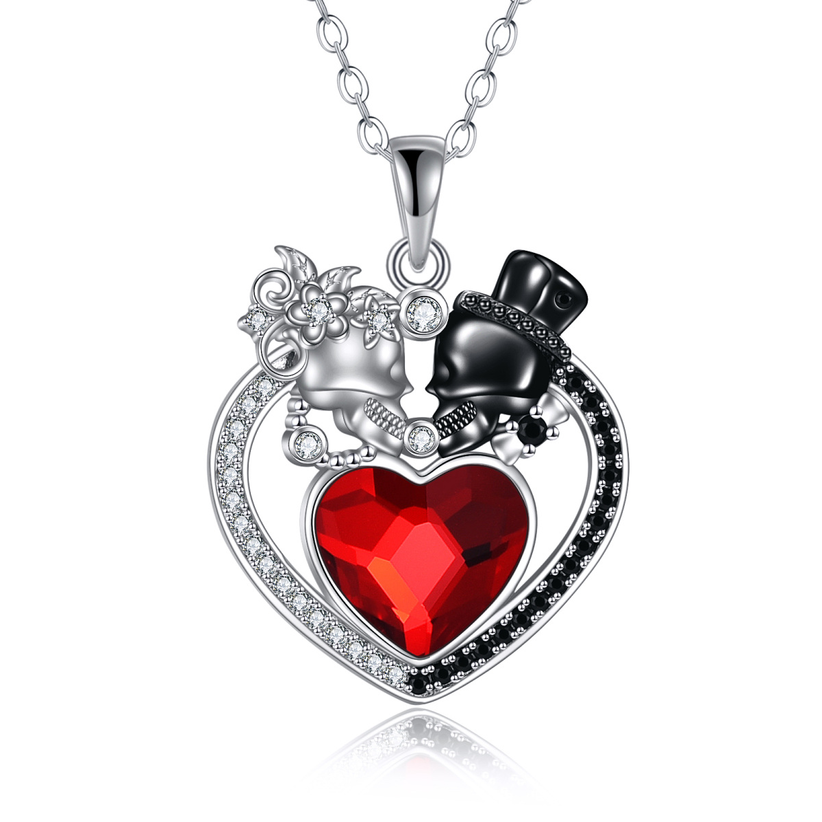 Sterling Silver Two-tone Crystal & Cubic Zirconia Heart & Skull Pendant Necklace-1