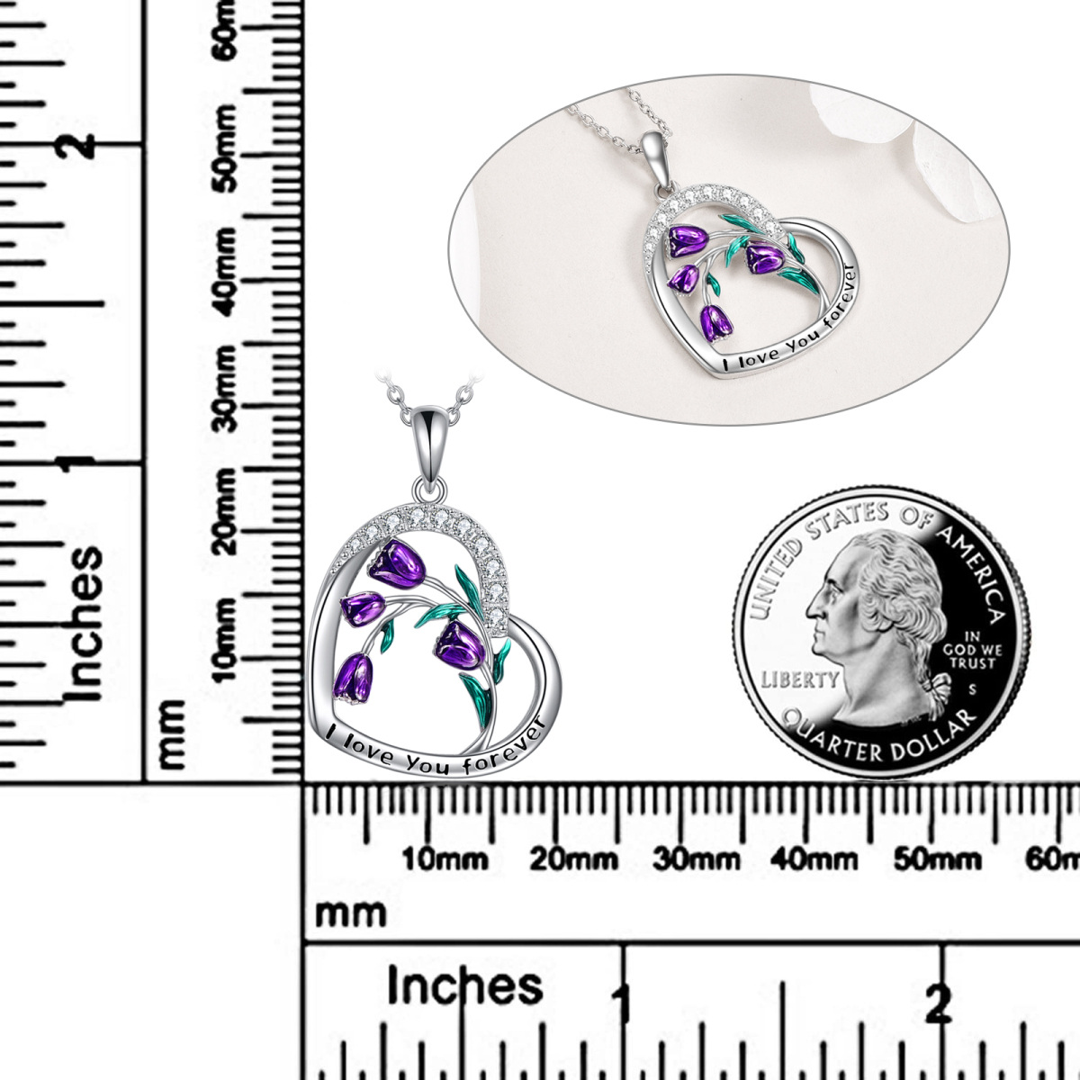 Sterling Silver Round Cubic Zirconia Tulip Pendant Necklace with Engraved Word-6