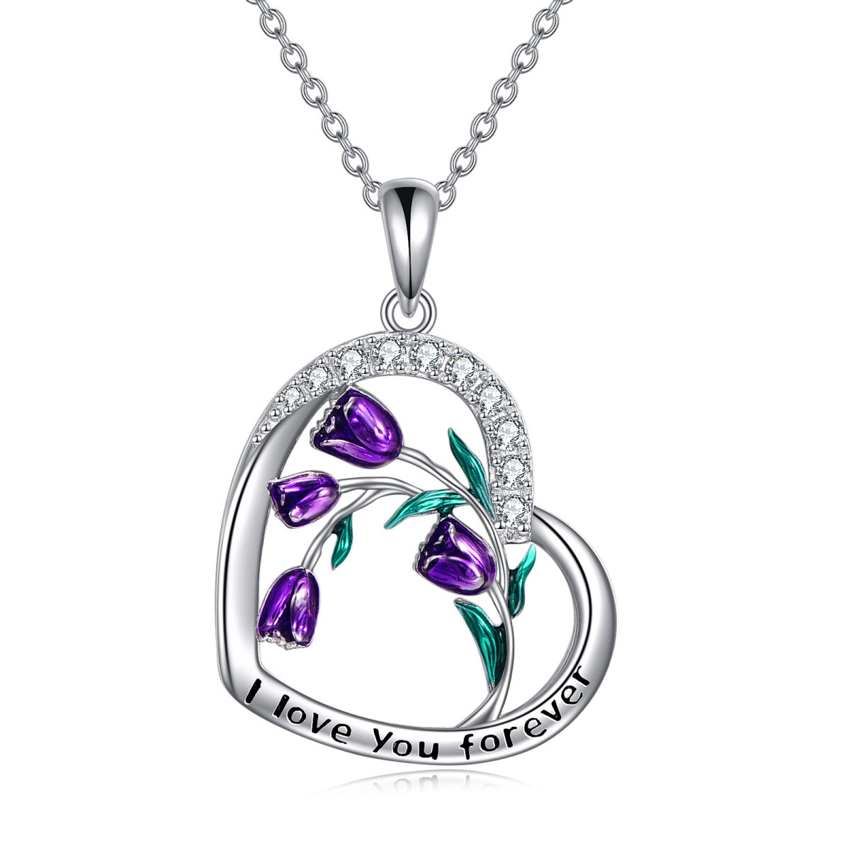 Sterling Silver Round Cubic Zirconia Tulip Pendant Necklace with Engraved Word-1