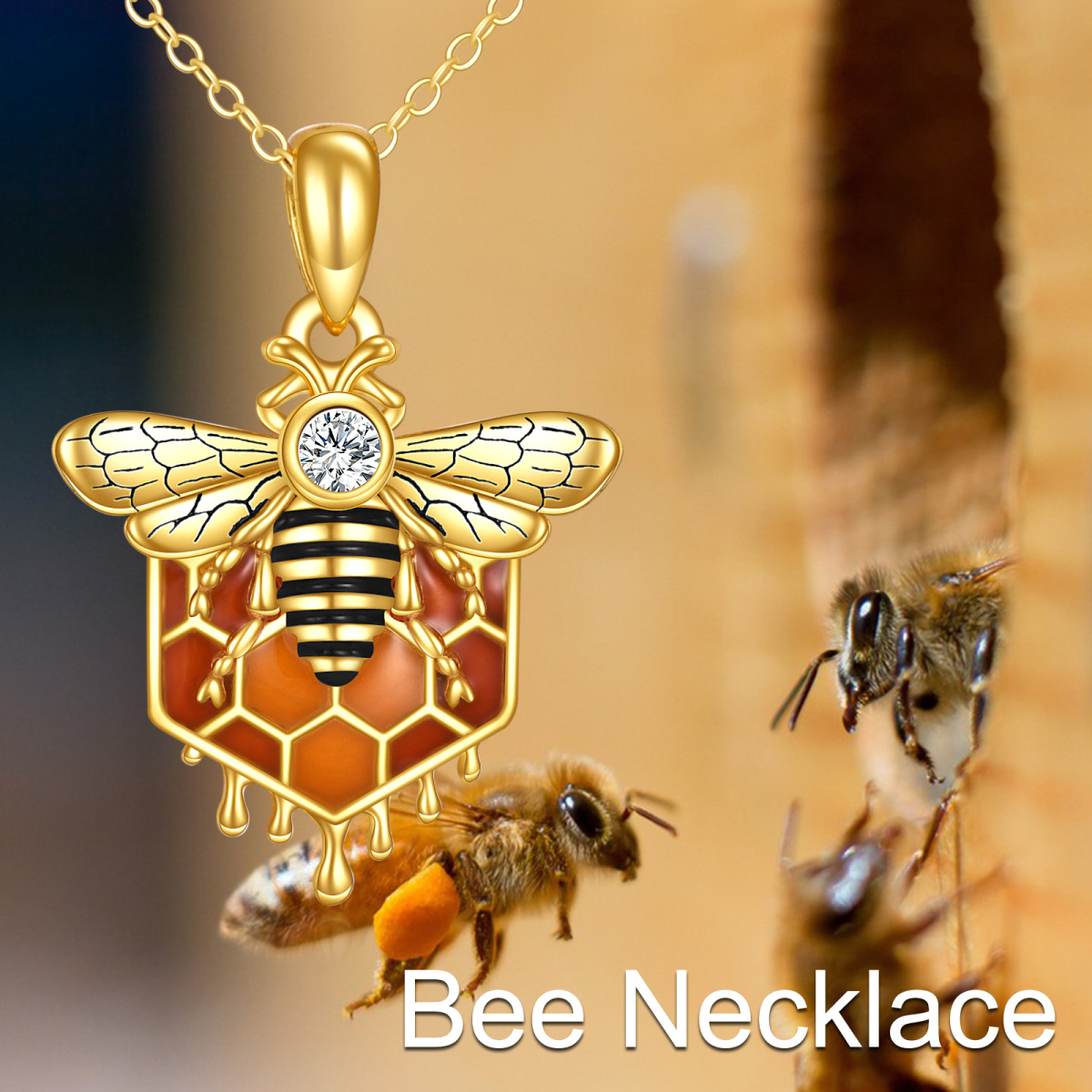 Sterling Silver with Yellow Gold Plated Zircon Bees Pendant Necklace-6