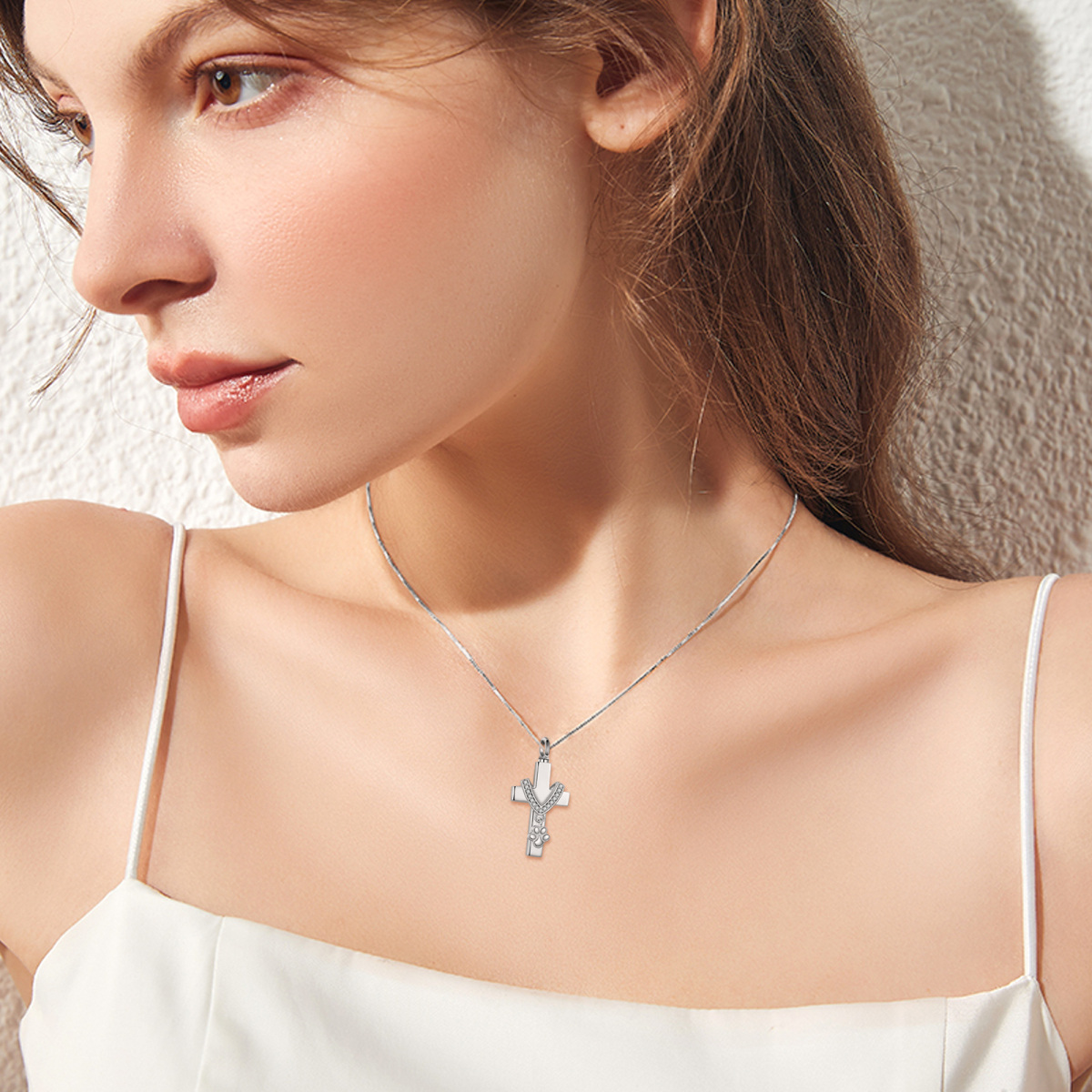 Sterling Silver Circular Shaped Cubic Zirconia Paw & Cross Urn Necklace for Ashes with Engraved Word-2