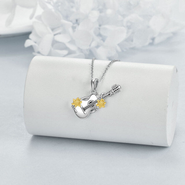 Sterling Silver Two-tone Sunflower & Guitar Pendant Necklace-2