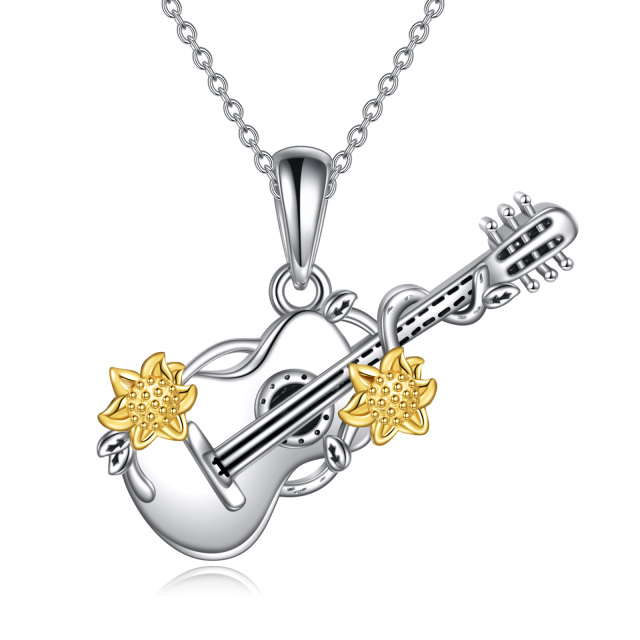 Sterling Silver Two-tone Sunflower & Guitar Pendant Necklace-0