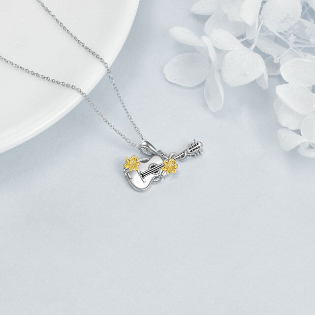 Sterling Silver Two-tone Sunflower & Guitar Pendant Necklace-3