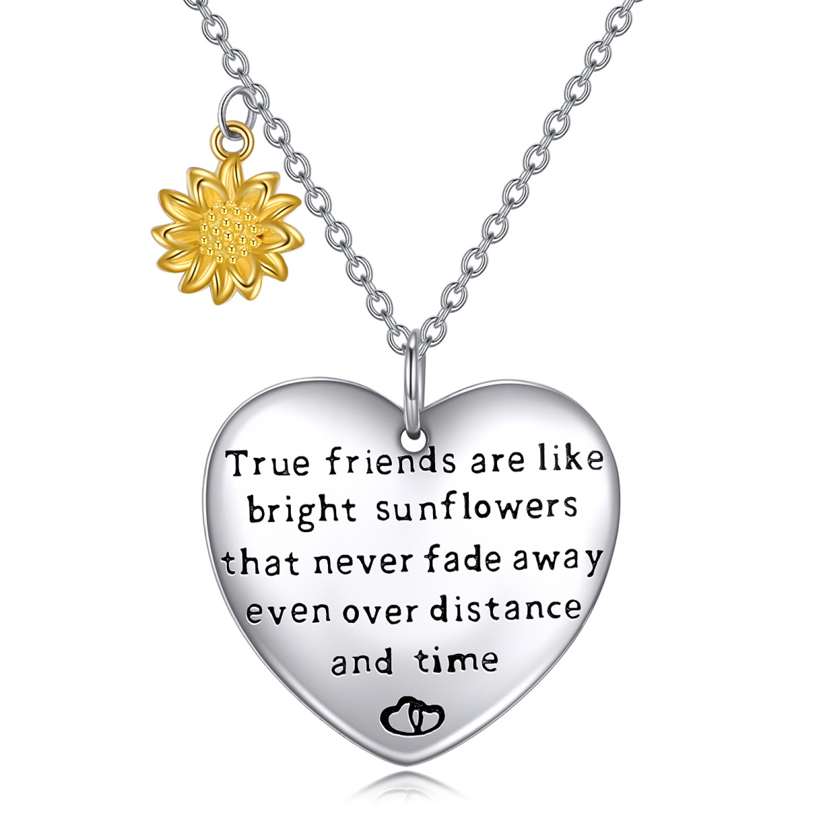 Sterling Silver Two-tone Sunflower & Heart Pendant Necklace-1