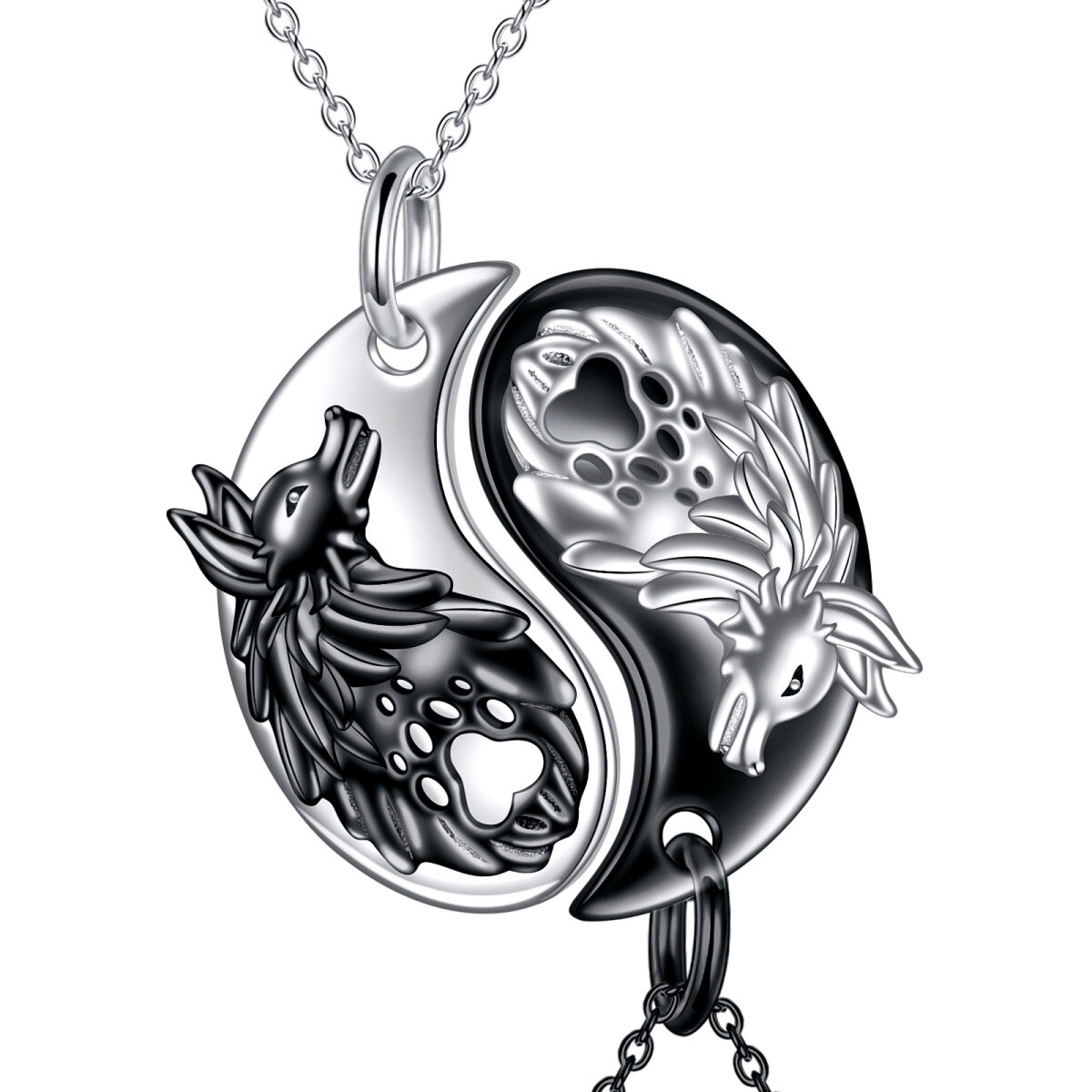 Sterling Silver Two-tone Wolf & Yin Yang Couple Pendant Necklace for Men Women-1