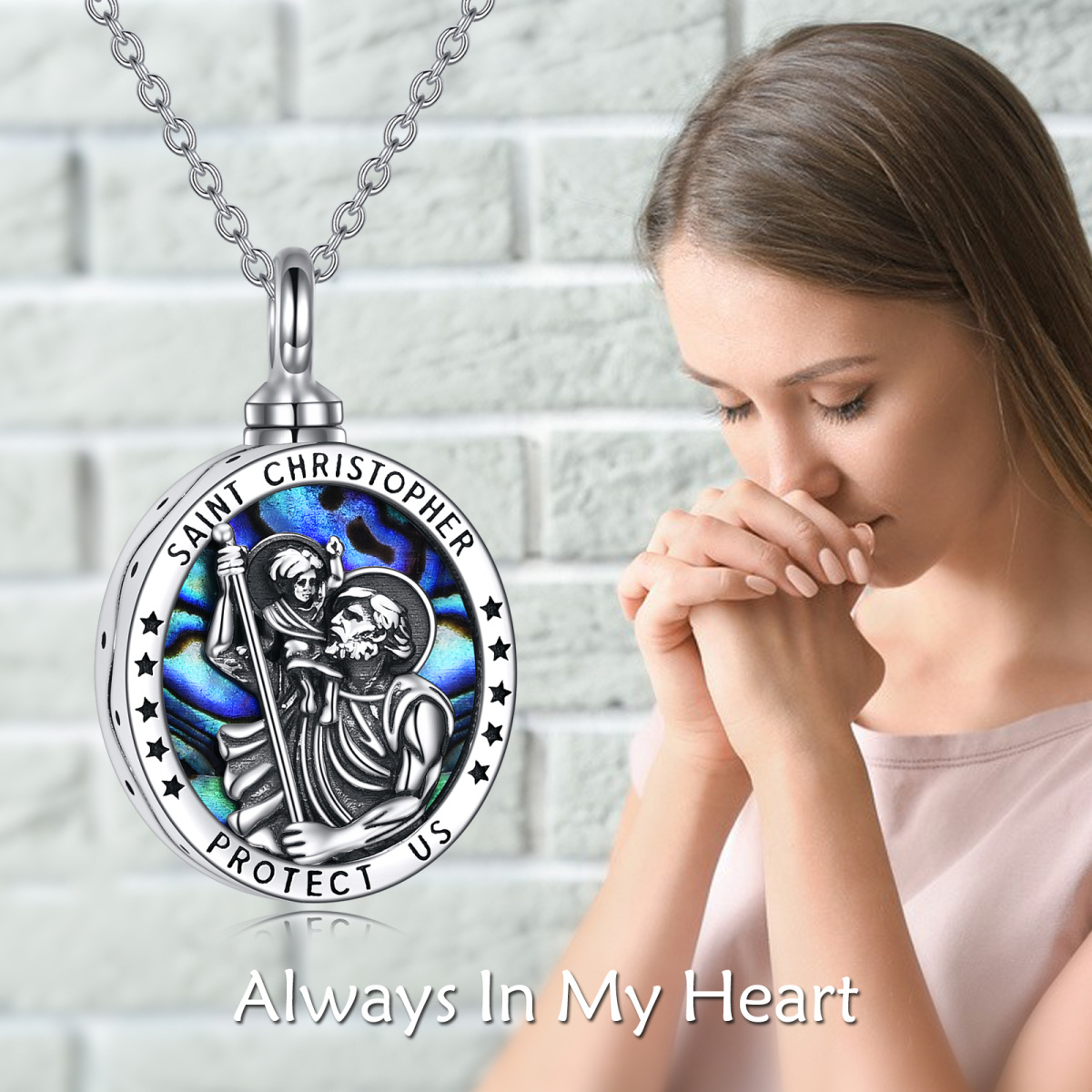 Sterling Silver Oval Abalone Shellfish Saint Christopher Urn Necklace for Ashes with Engraved Word-6