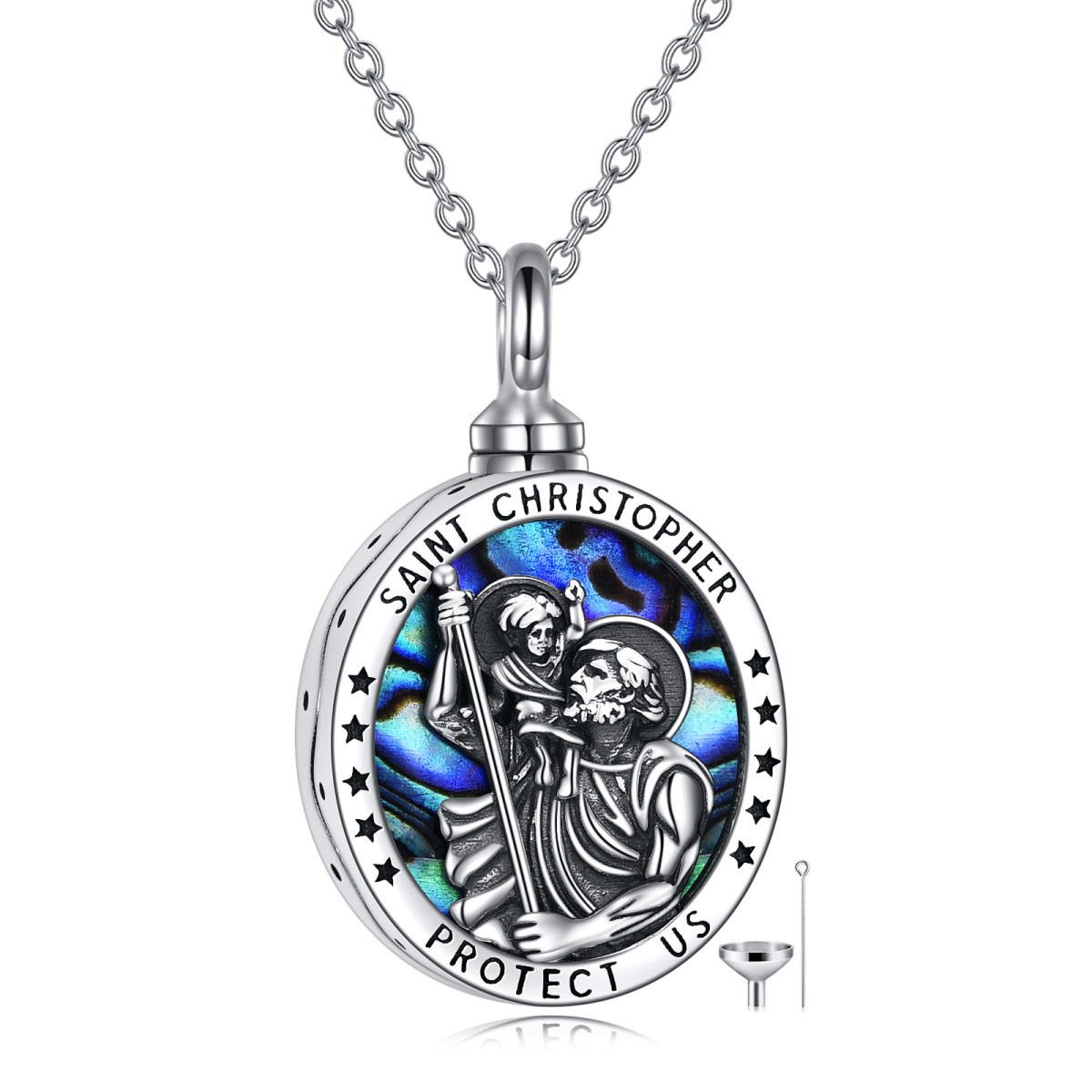 Sterling Silver Oval Abalone Shellfish Saint Christopher Urn Necklace for Ashes with Engraved Word-1