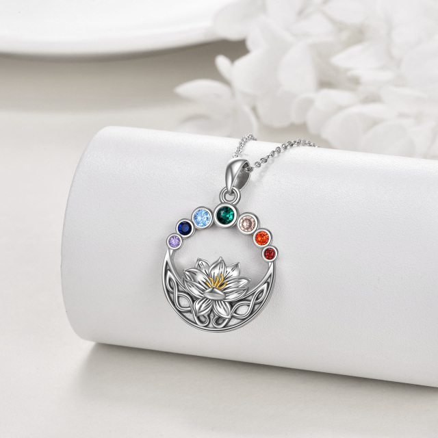Sterling Silver Two-tone Circular Shaped Cubic Zirconia Lotus & Chakras Pendant Necklace-2