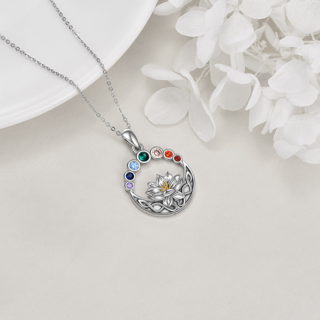 Sterling Silver Two-tone Circular Shaped Cubic Zirconia Lotus & Chakras Pendant Necklace-3