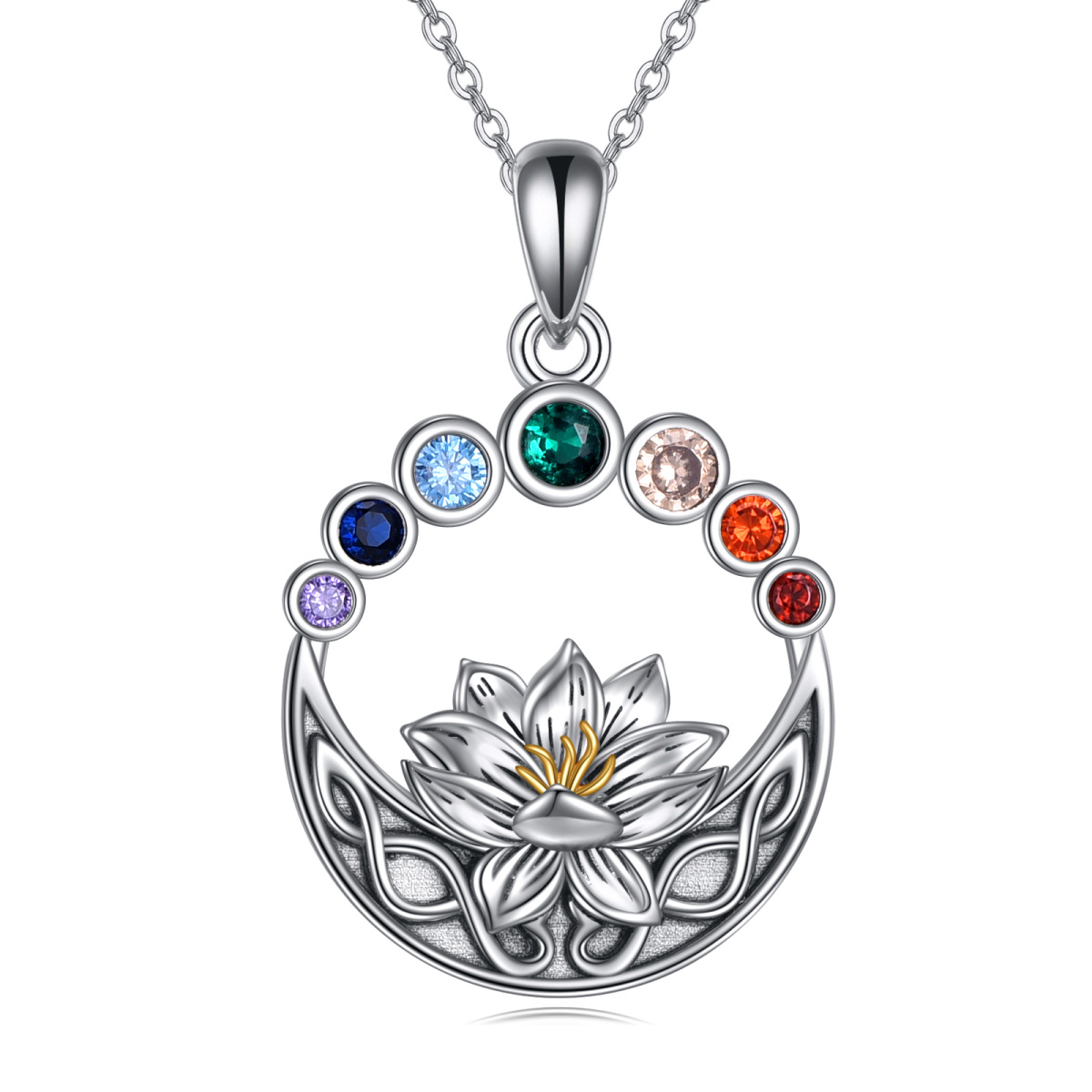 Sterling Silver Two-tone Circular Shaped Cubic Zirconia Lotus & Chakras Pendant Necklace-1