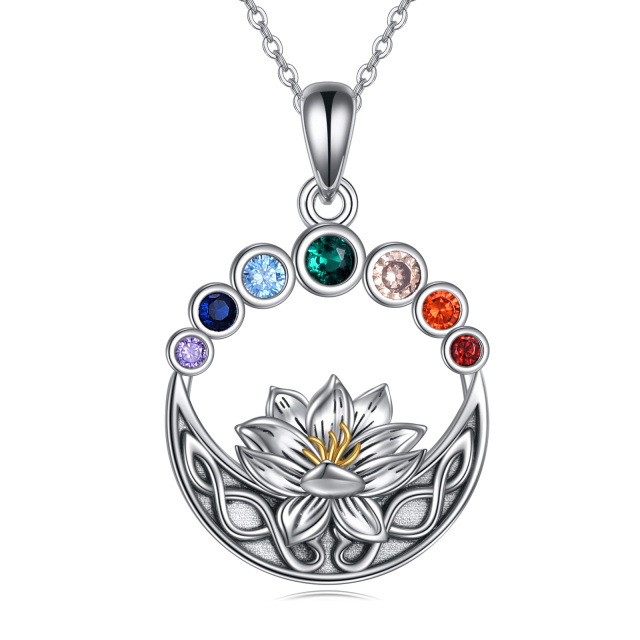 Sterling Silver Two-tone Circular Shaped Cubic Zirconia Lotus & Chakras Pendant Necklace-0