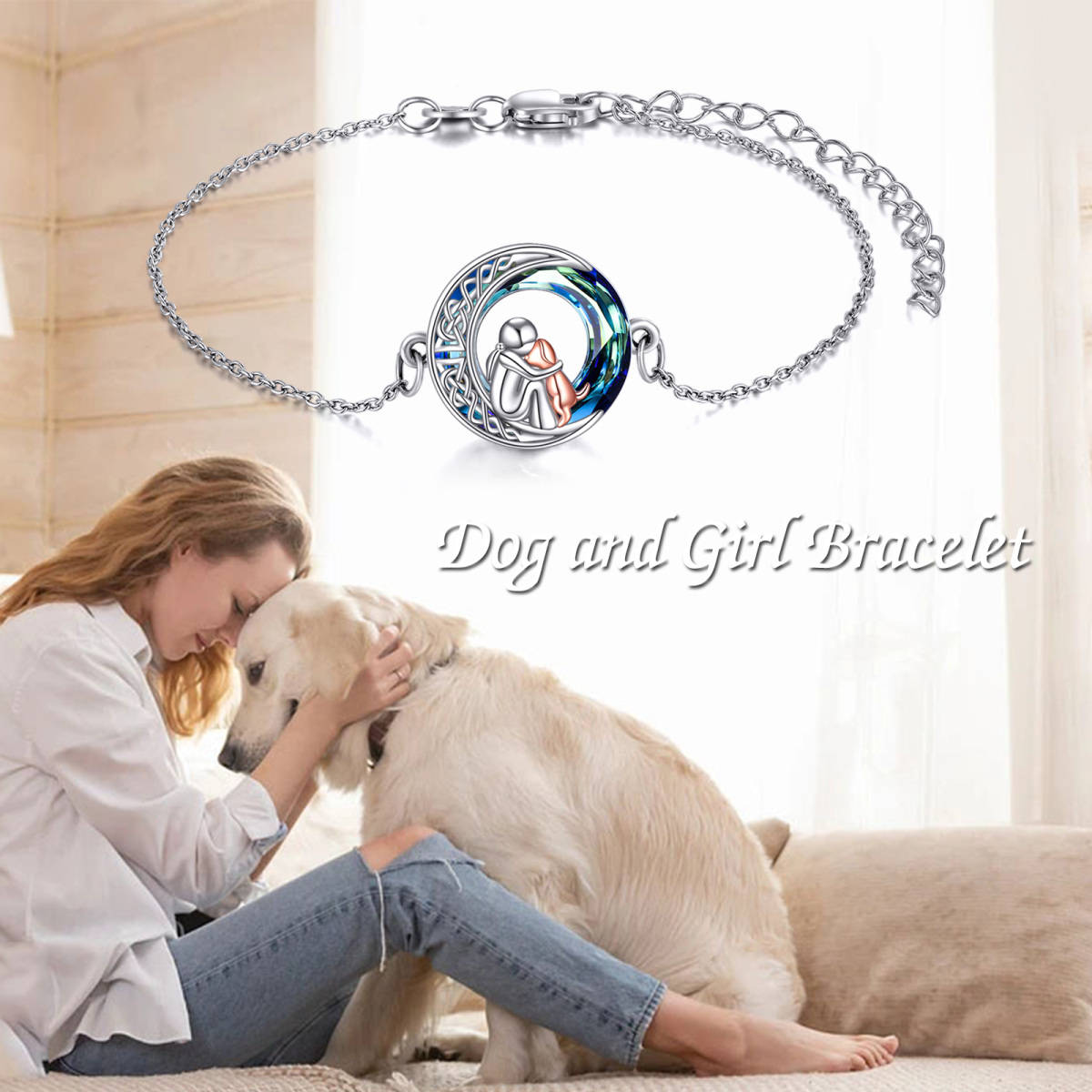 Sterling Silver Two-tone Circular Shaped Crystal Dog & Celtic Knot Pendant Bracelet-6