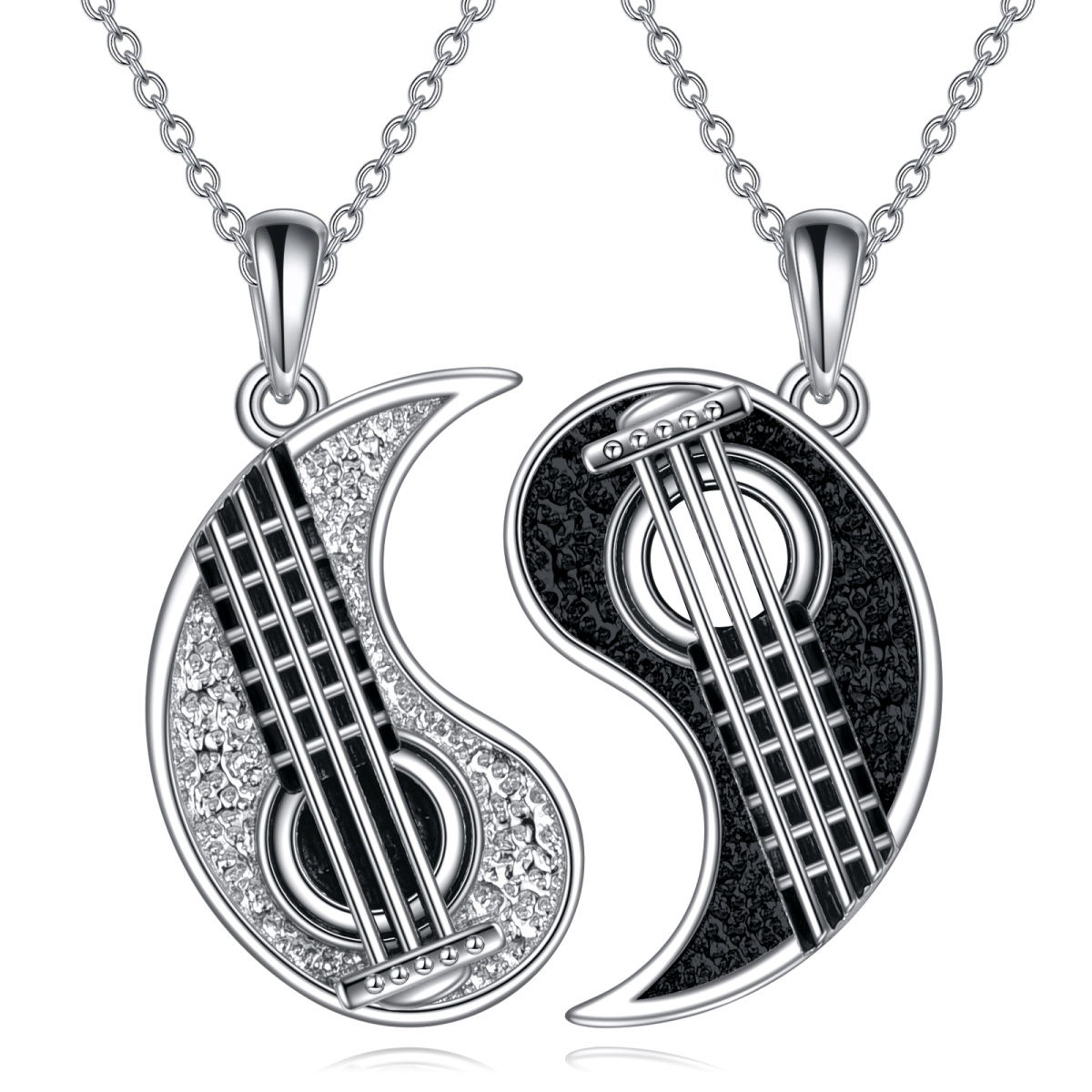 Sterling Silber zweifarbige Paar & Gitarre Anhänger Halskette-1