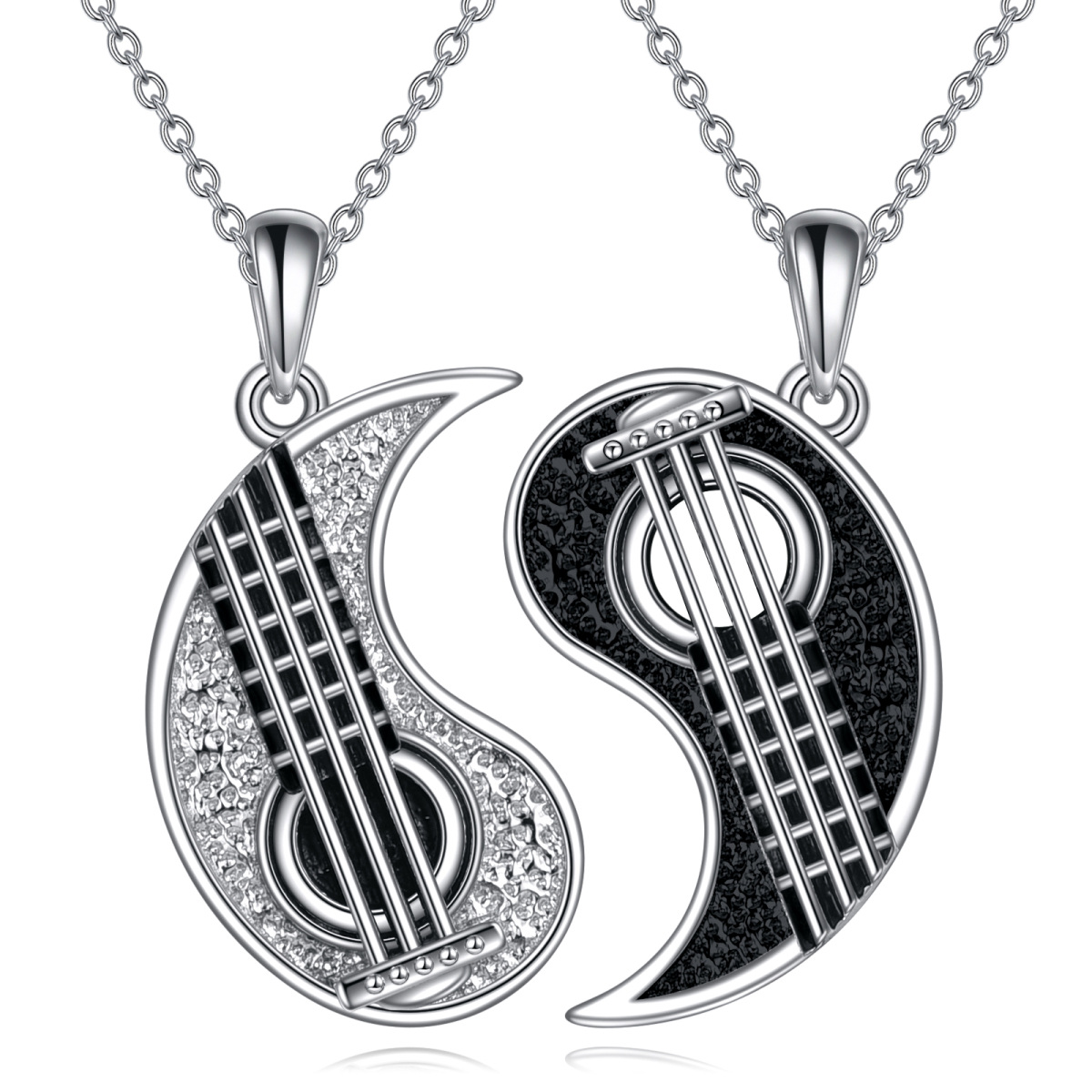 Collier en argent sterling avec pendentif couple et guitare bicolore-1