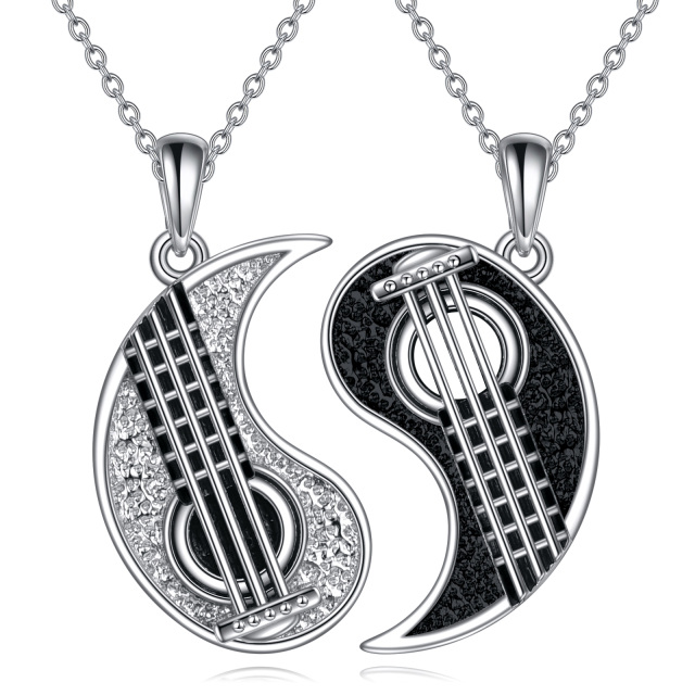 Collier en argent sterling avec pendentif couple et guitare bicolore-0