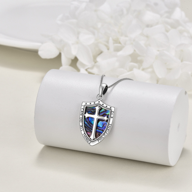 Sterling Silver Two-tone Abalone Shellfish Cross & Shield Pendant Necklace with Engraved Word-3