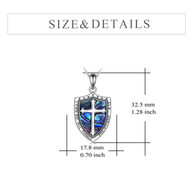 Sterling Silver Two-tone Abalone Shellfish Cross & Shield Pendant Necklace with Engraved Word-4