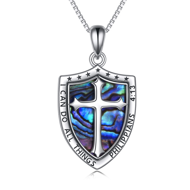 Sterling Silver Two-tone Abalone Shellfish Cross & Shield Pendant Necklace with Engraved Word-0