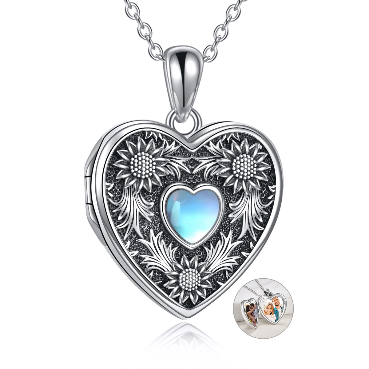 Sterling Silver Moonstone Heart Shaped Sunflower Personalized Photo Locket Necklace-1