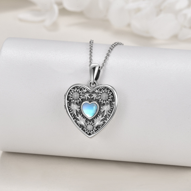 Colar de prata esterlina com pedra da lua em forma de coração e girassol com foto personalizada-3