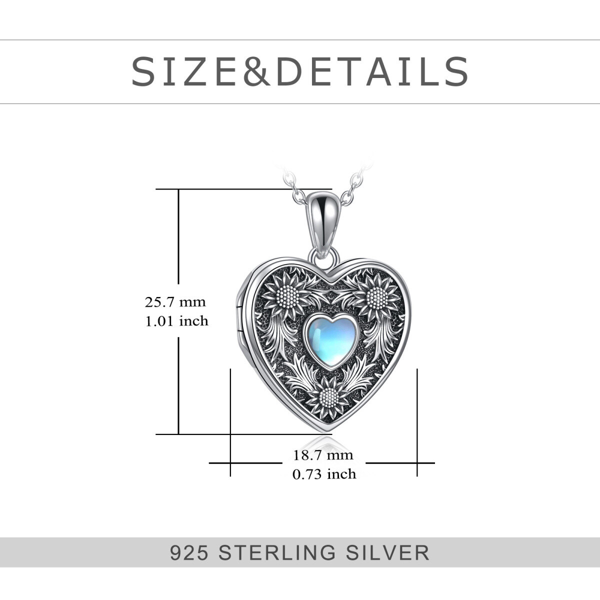 Sterling Silber Mondstein Herz geformt Sonnenblume personalisierte Foto Medaillon Halskette-6