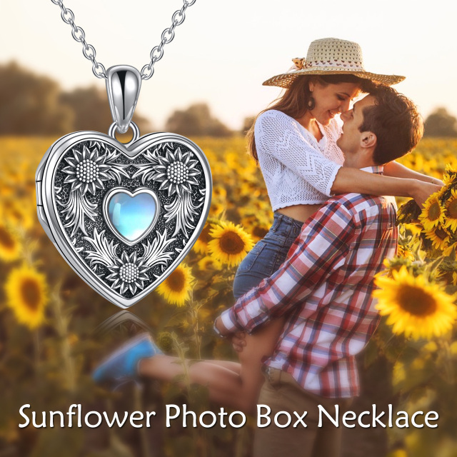 Collier en Argent Sterling Moonstone Heart Shaped Sunflower Personalized Photo Locket Necklace-2