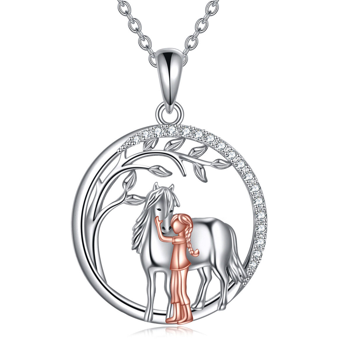 Sterling Silver Two-tone Circular Shaped Cubic Zirconia Horse Pendant Necklace-1