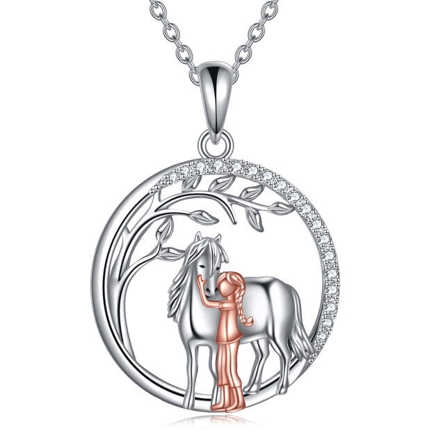 Sterling Silver Two-tone Circular Shaped Cubic Zirconia Horse Pendant Necklace-0