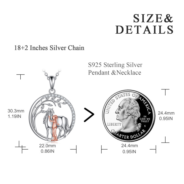 Sterling Silber zweifarbig kreisförmig Cubic Zirkonia Pferd Anhänger Halskette-4