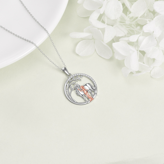 Sterling Silver Two-tone Circular Shaped Cubic Zirconia Horse Pendant Necklace-3