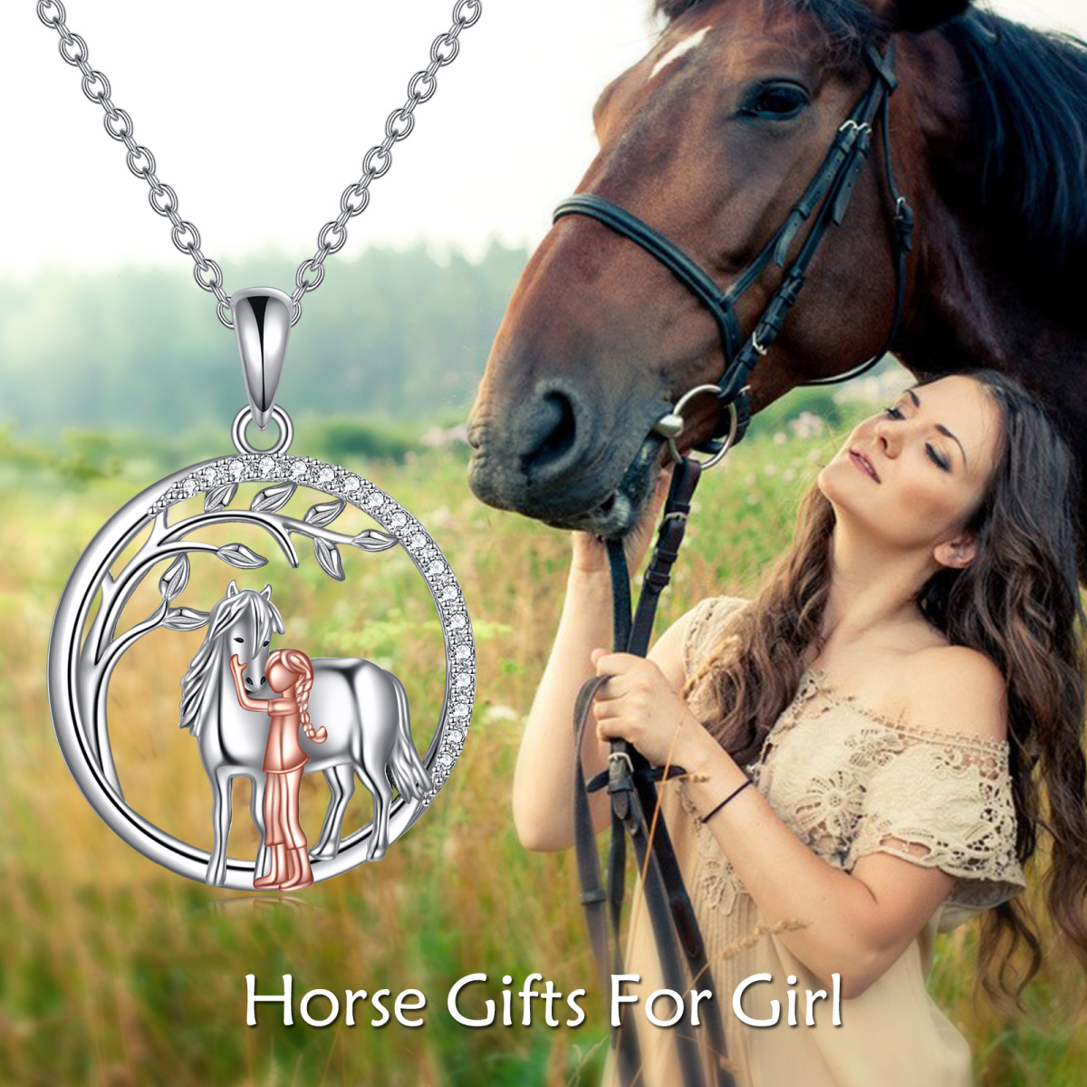 Sterling Silver Two-tone Circular Shaped Cubic Zirconia Horse Pendant Necklace-6
