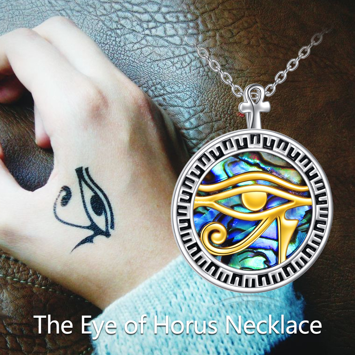 Sterling Silver Two-tone Round Abalone Shellfish Eye Of Horus Pendant Necklace-6