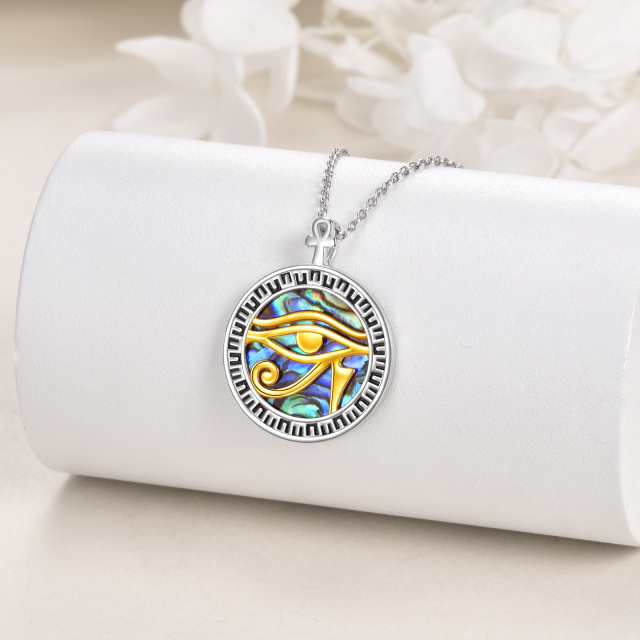 Sterling Silver Two-tone Round Abalone Shellfish Eye Of Horus Pendant Necklace-2