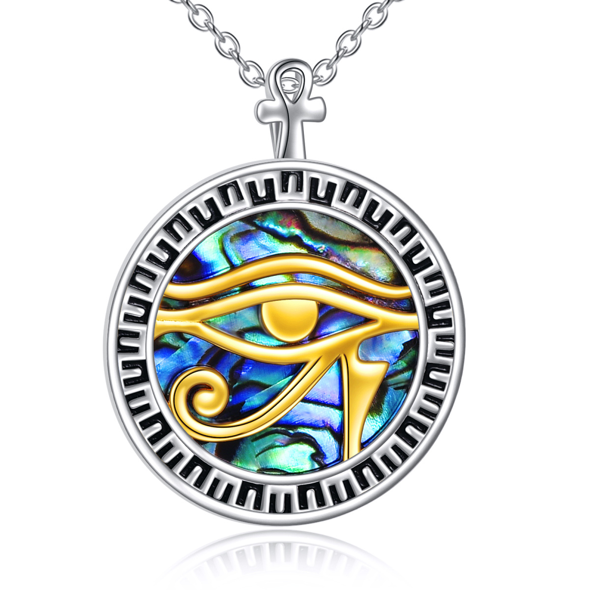 Halskette mit Anhänger aus zweifarbigem Sterlingsilber mit rundem Abalone-Muschel-Auge des Horus-1