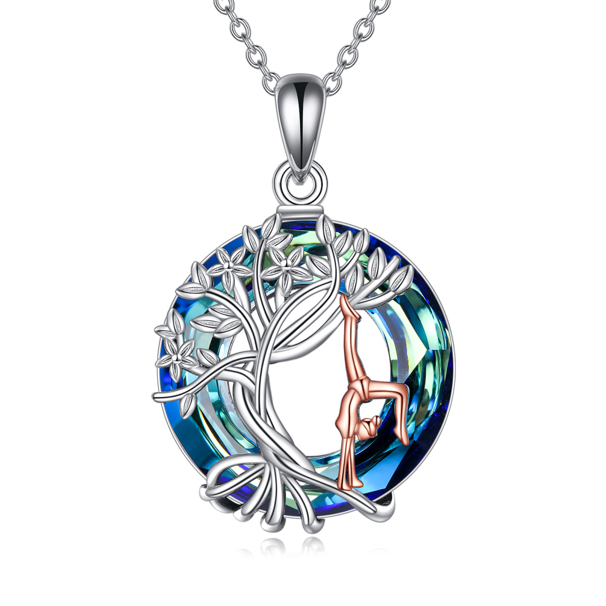 Sterling Silver Two-tone Circular Shaped Tree Of Life & Gymnast Crystal Pendant Necklace-1