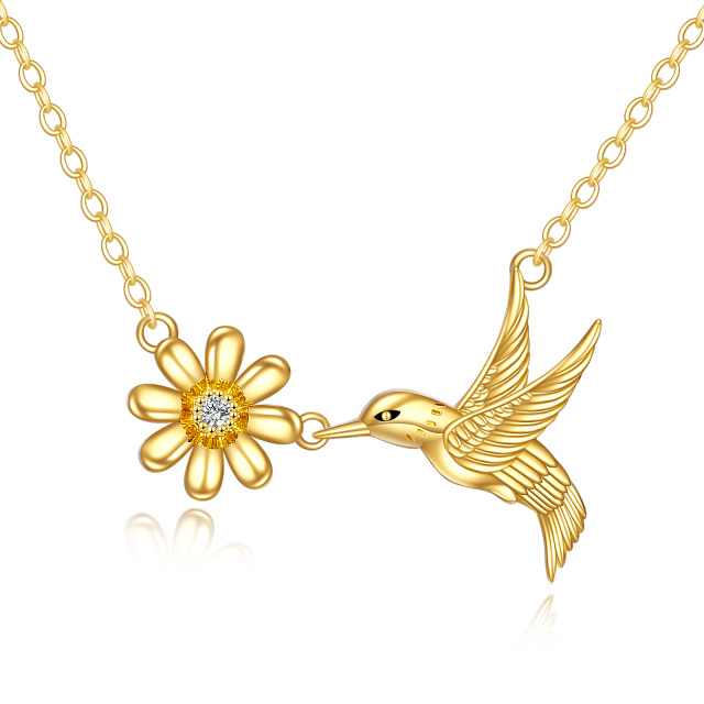 14K Gold Cubic Zirconia Hummingbird & Daisy Pendant Necklace-1