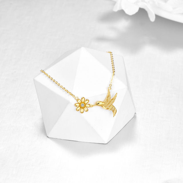 14K Gold Cubic Zirconia Hummingbird & Daisy Pendant Necklace-4