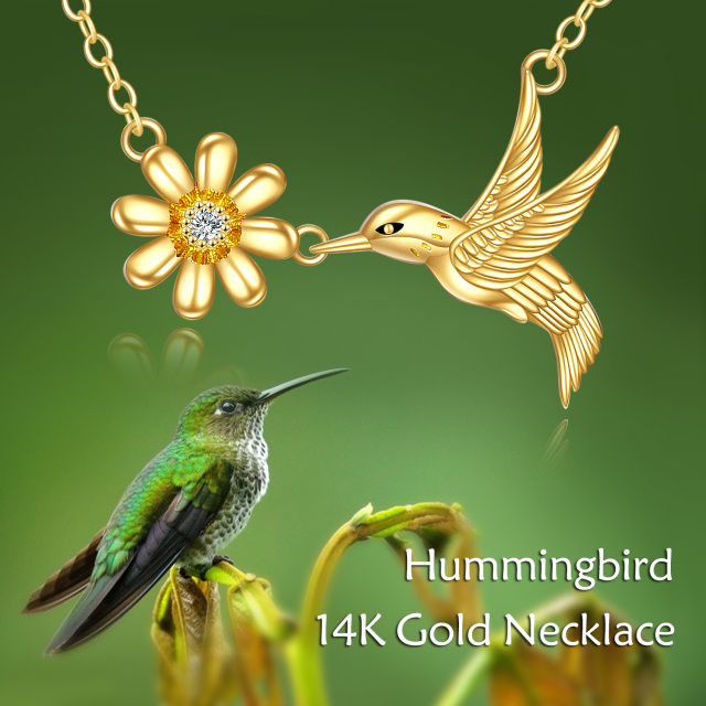 14K Gold Cubic Zirconia Hummingbird & Daisy Pendant Necklace-5