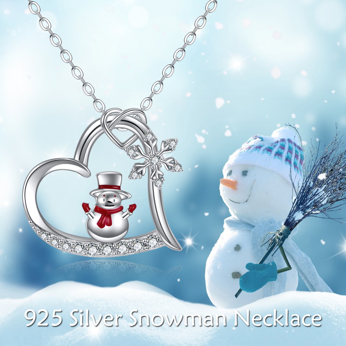 Sterling Silver Circular Shaped Cubic Zirconia Snowflake & Snowman Pendant Necklace-6