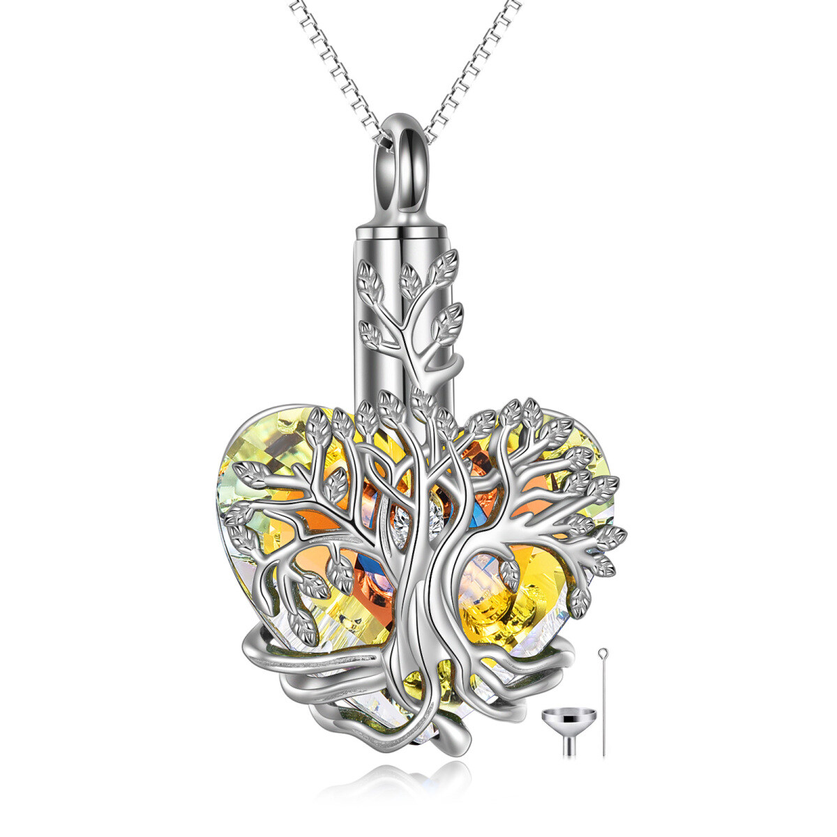 Collier en argent sterling pour cendres en forme de coeur et d'arbre de vie en cristal jaune-1