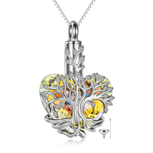 Sterling Silber Herz geformt Gelb Kristall Baum des Lebens Urne Halskette für Asche-0