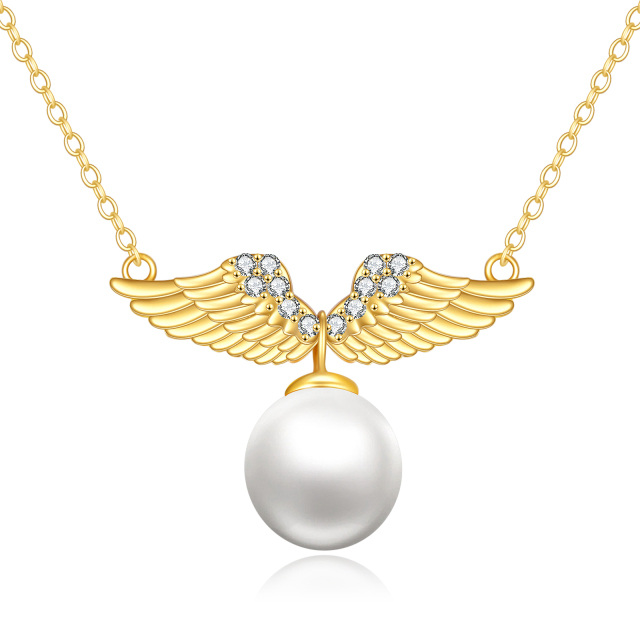 14K Gold Round Pearl Angel Wings Pendant Necklace-0