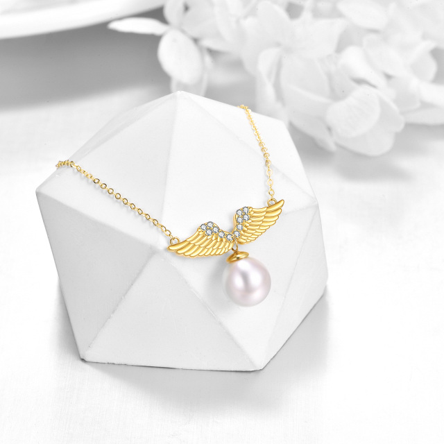 14K Gold Round Pearl Angel Wings Pendant Necklace-2