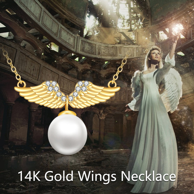 14K Gold Round Pearl Angel Wings Pendant Necklace-4