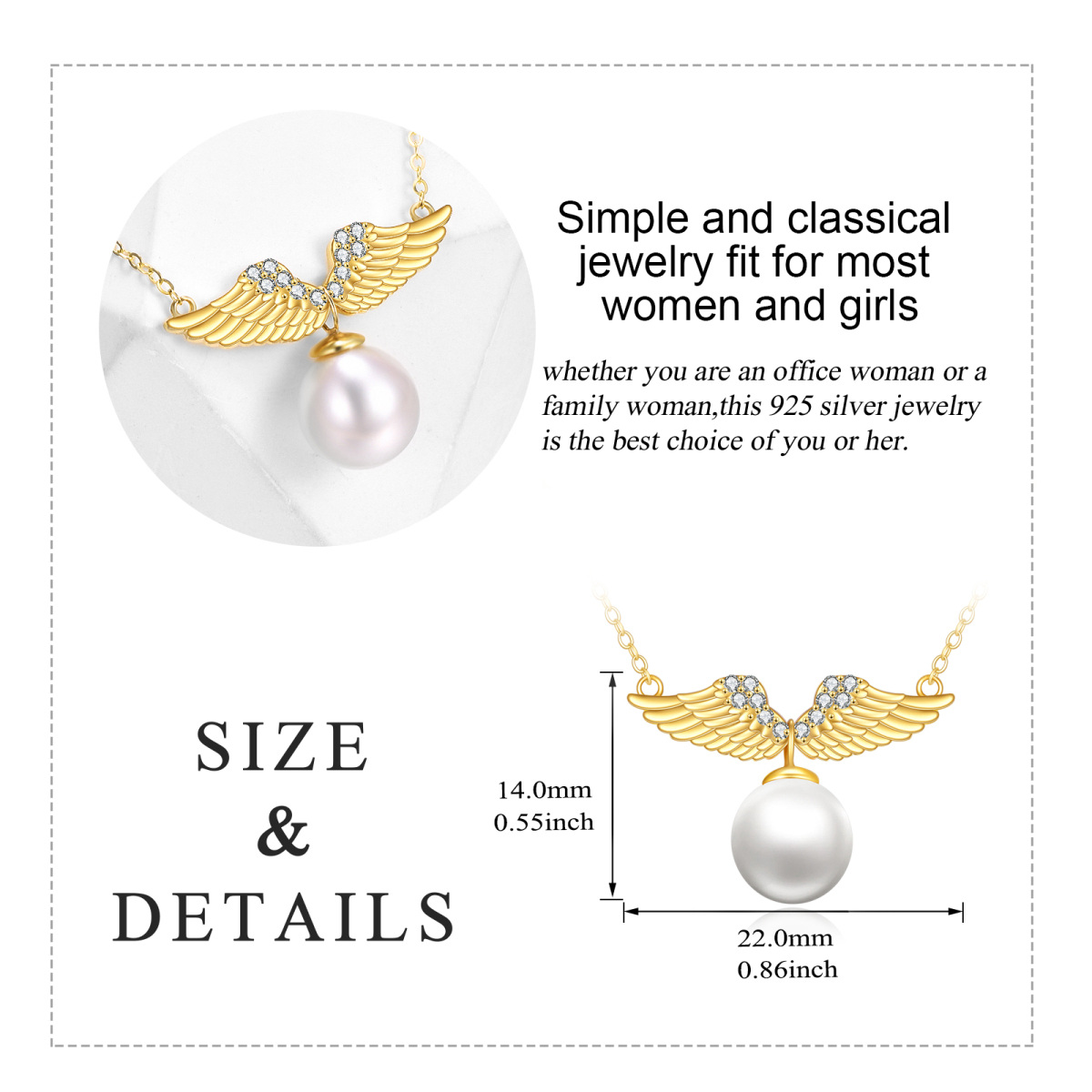 14K Gold Round Pearl Angel Wings Pendant Necklace-6