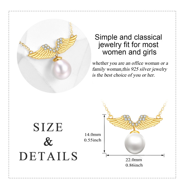 14K Gold Round Pearl Angel Wings Pendant Necklace-5