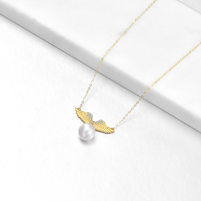 Collar de oro de 14 quilates de perlas redondas con alas de ángel-3