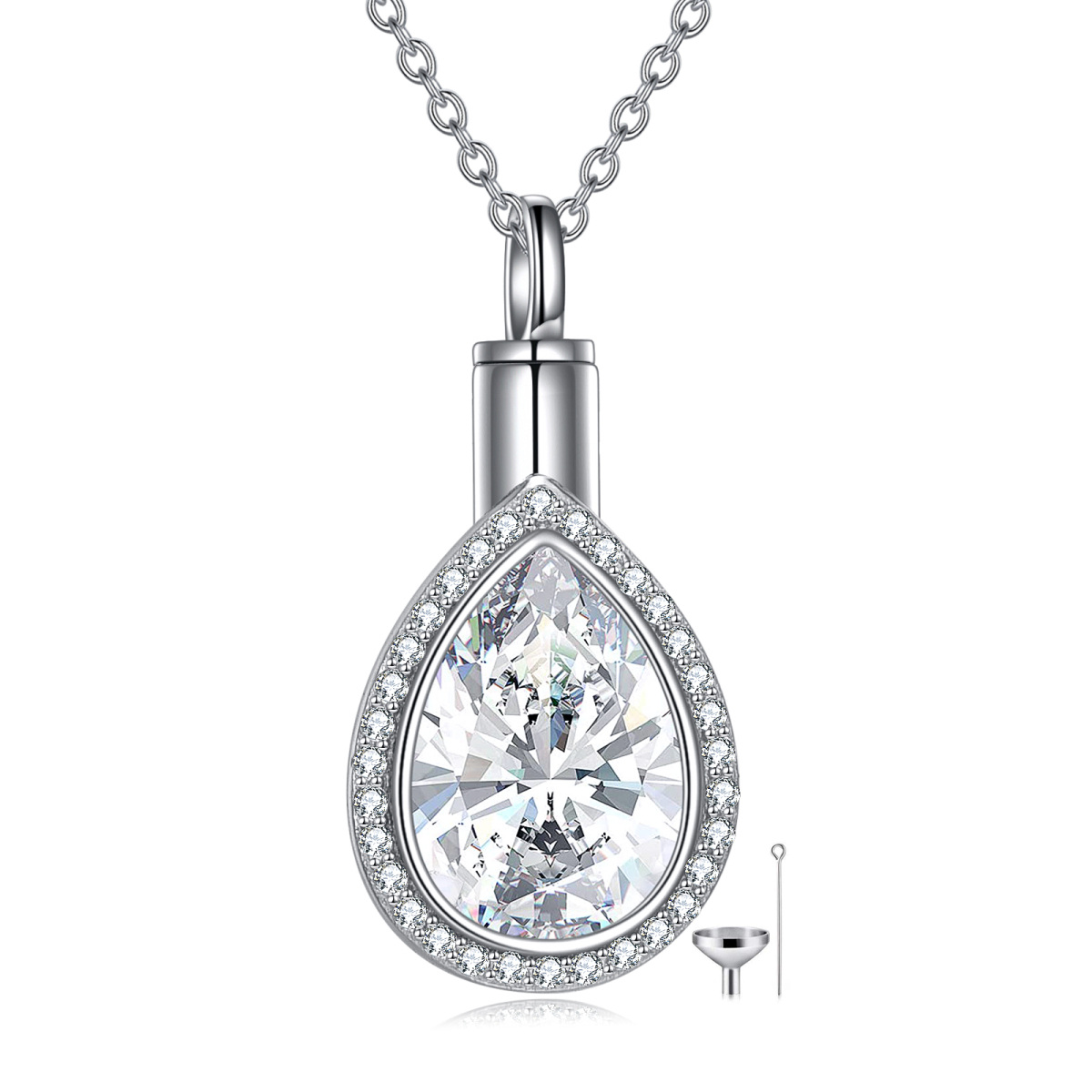 Sterling Silver Cubic Zirconia Tear Drop Shape Urn Necklace for Ashes-1